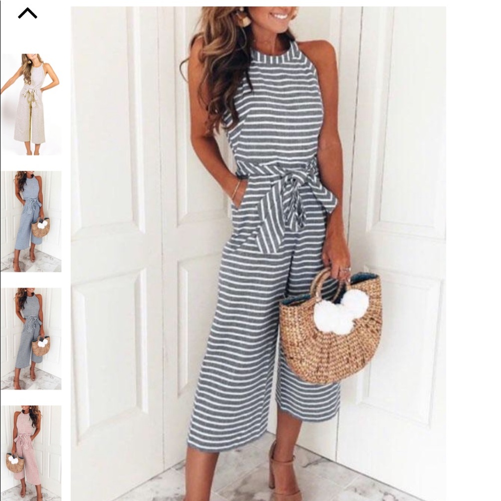 Round Halter Neck Striped Jumpsuit with Tie